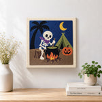 Finished camping skeleton artwork displayed on a wall