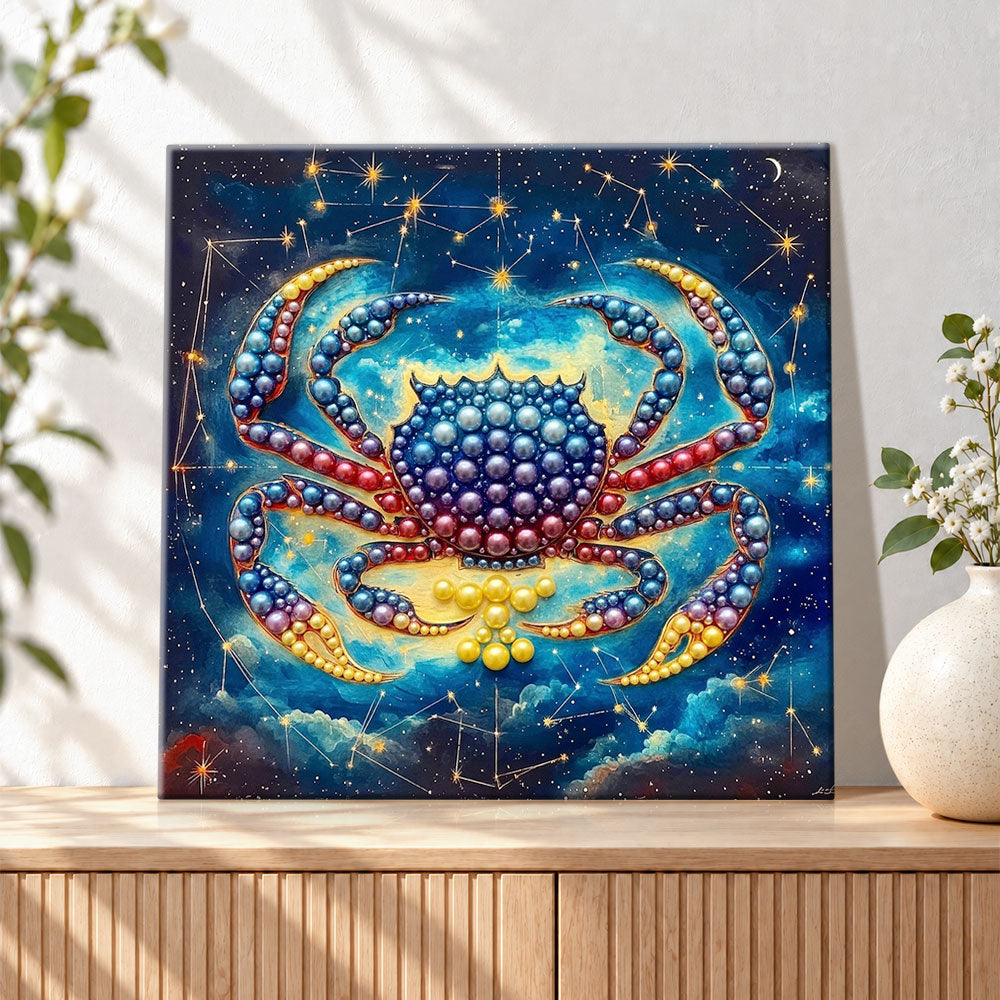 Finished cancer zodiac crab pearl diamond painting artwork displayed as holiday home decor