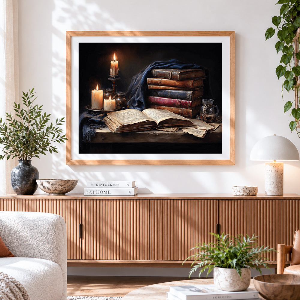 Finished candlelight and antique books paint by numbers artwork displayed as home decor