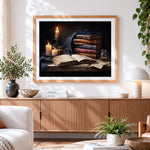 Finished candlelight and antique books paint by numbers artwork displayed as home decor