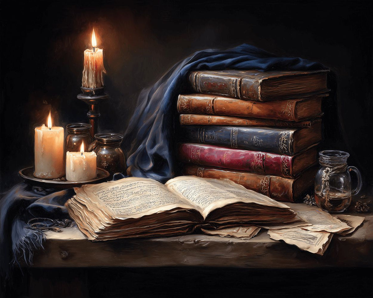 Candlelight and antique books paint by numbers kit for beginners