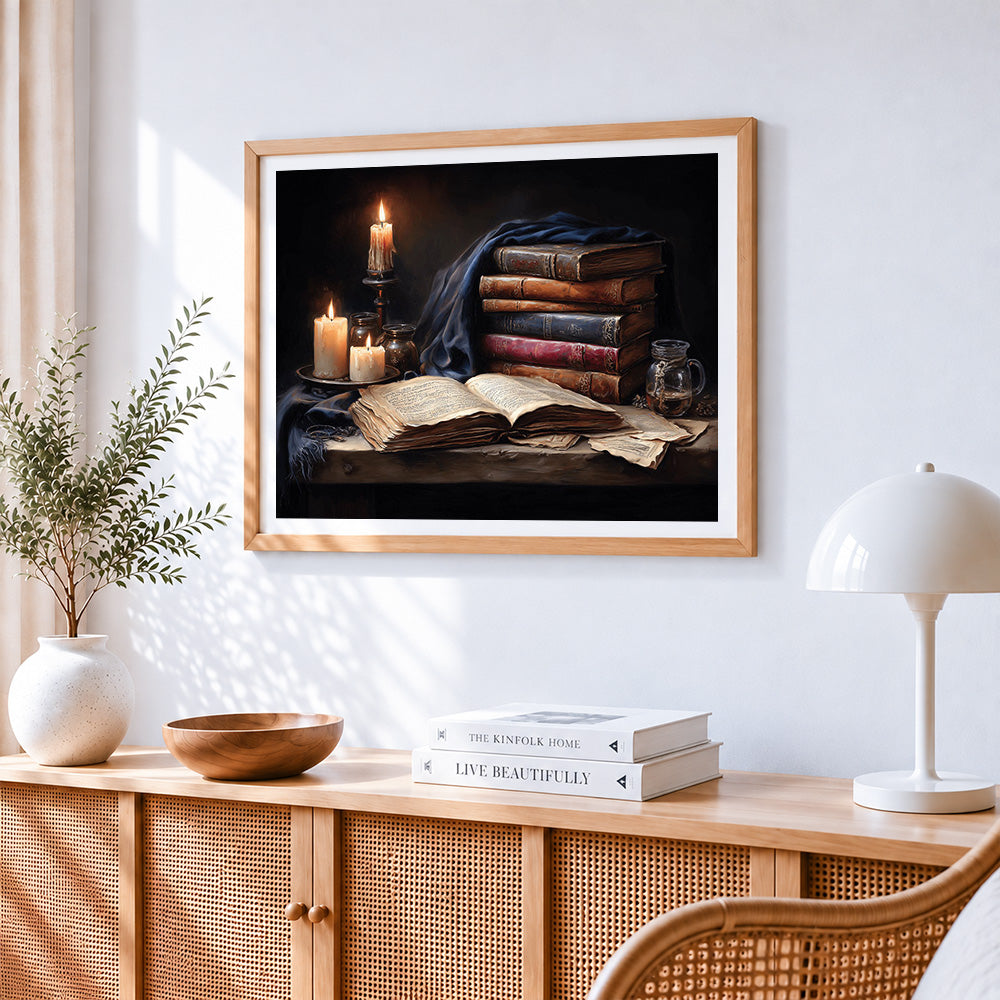 Candlelight and antique books paint by numbers artwork displayed on wall as home decor