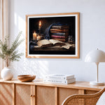 Candlelight and antique books paint by numbers artwork displayed on wall as home decor