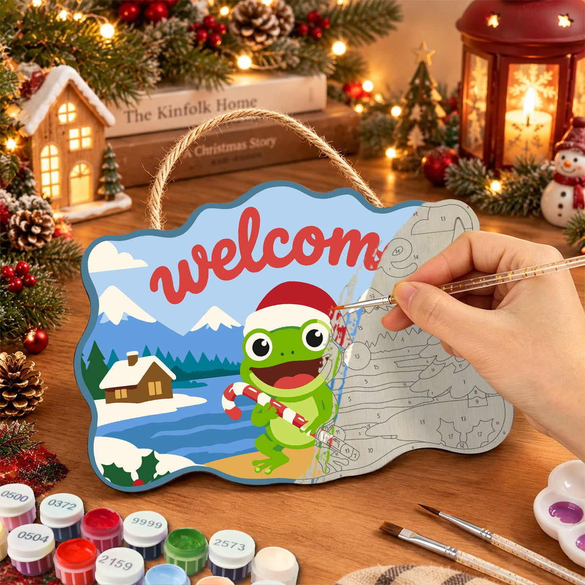 Candy cane frog cheer paint by numbers door hanger painting process