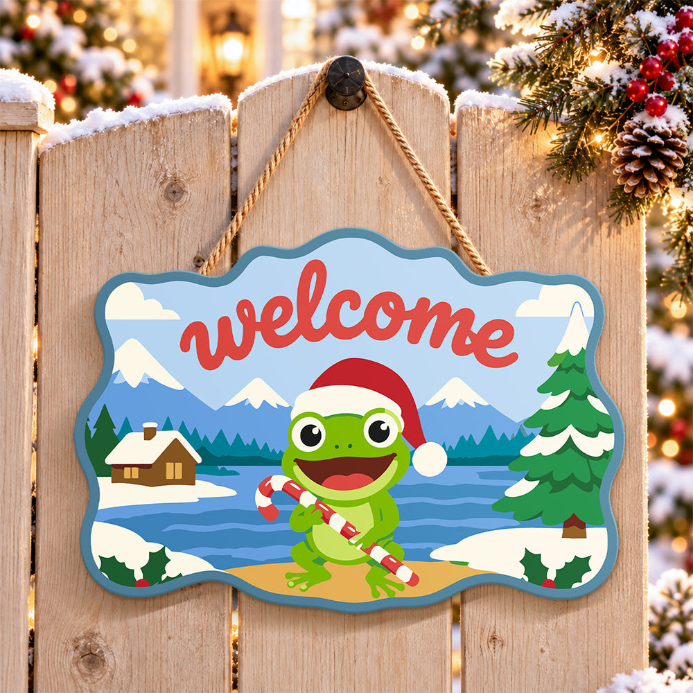 Candy cane frog cheer paint by numbers door hanger on a garden gate