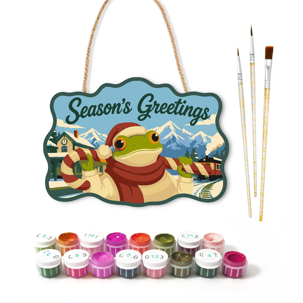 Candy cane frog greetings paint by numbers door hanger with paints and brushes