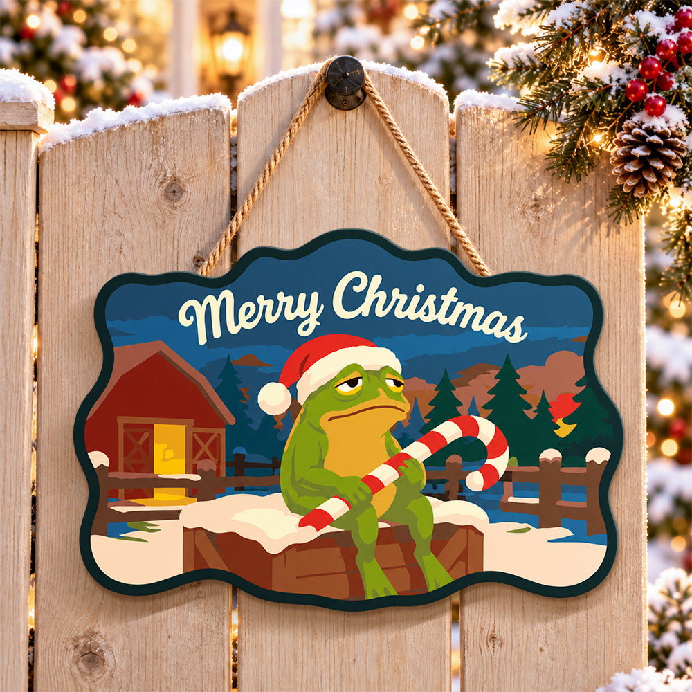 Candy cane frog scene paint by numbers door hanger on a garden gate