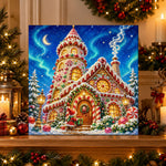 Finished candy gingerbread tower house pearl diamond painting artwork displayed as holiday home decor