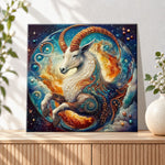 Finished capricorn cosmic goat pearl diamond painting artwork displayed as holiday home decor