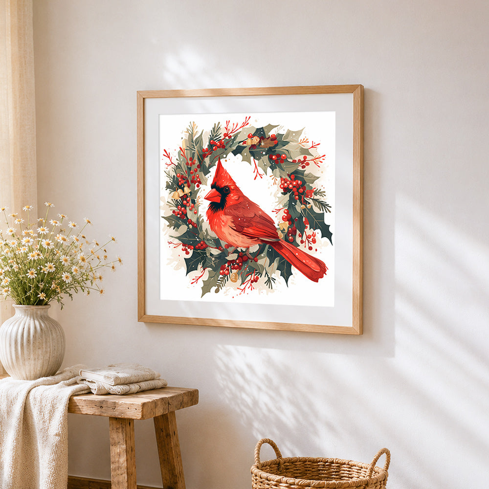 Cardinal bird in a holly wreath cross stitch artwork displayed on wall as home decor