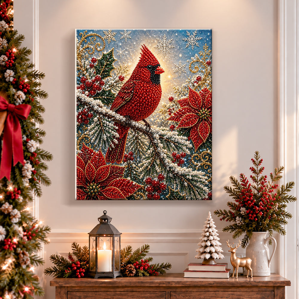 Finished cardinal bird on winter branches pearl diamond painting artwork displayed as holiday home decor
