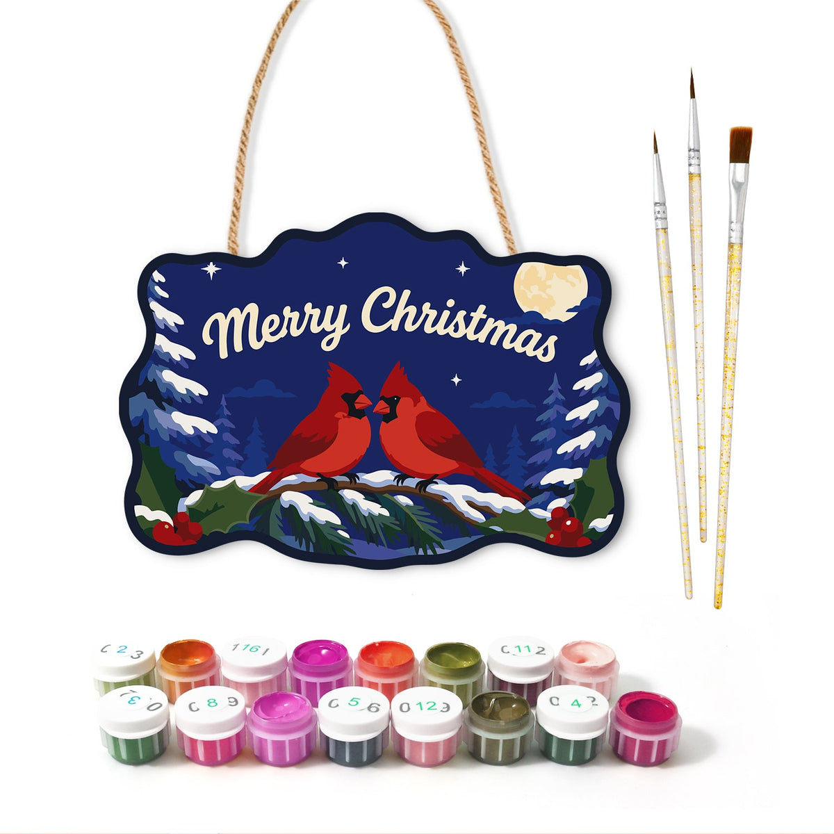 Cardinal birds night scene paint by numbers door hanger with paints and brushes