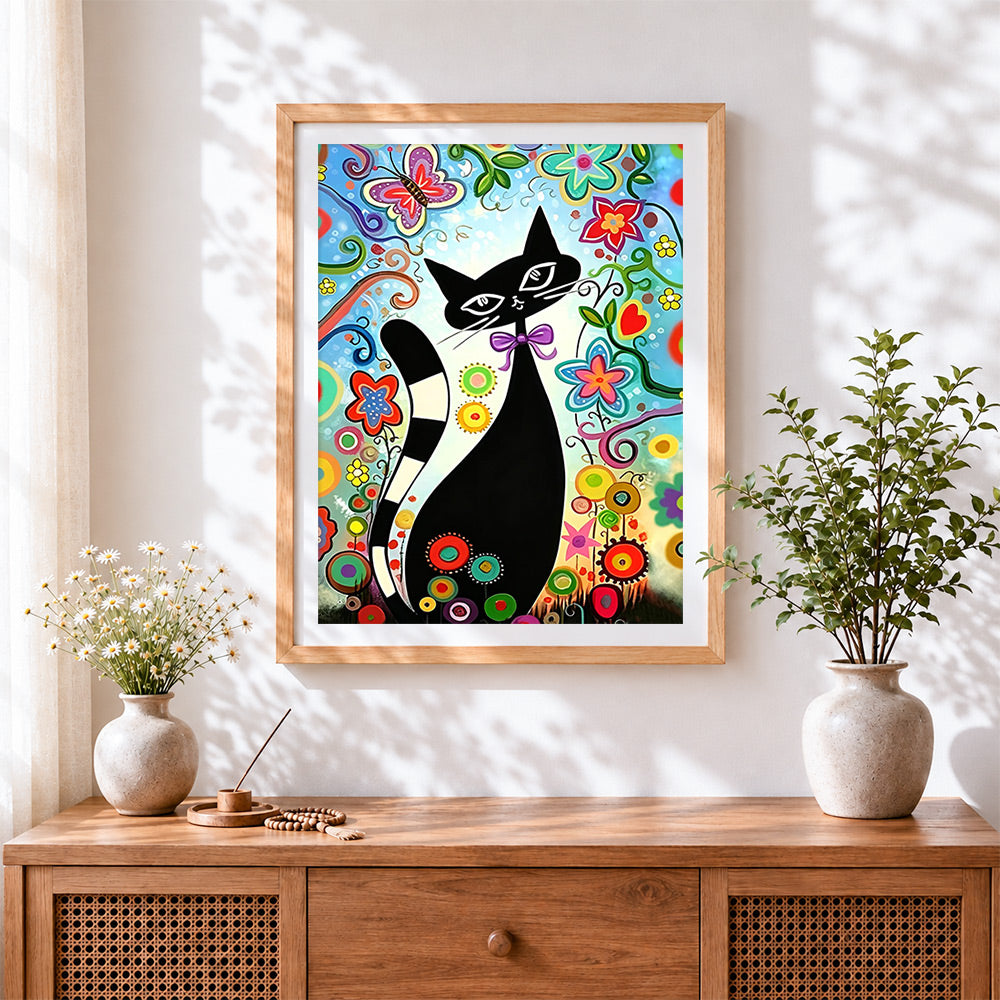 Finished cartoon black cat and flowers cross stitch artwork displayed