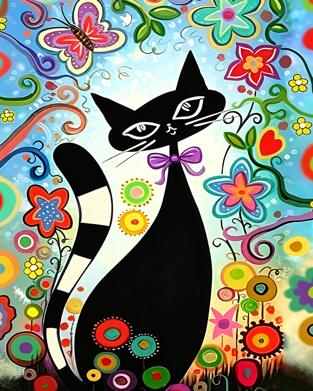 Cartoon black cat and flowers cross stitch kit for beginners