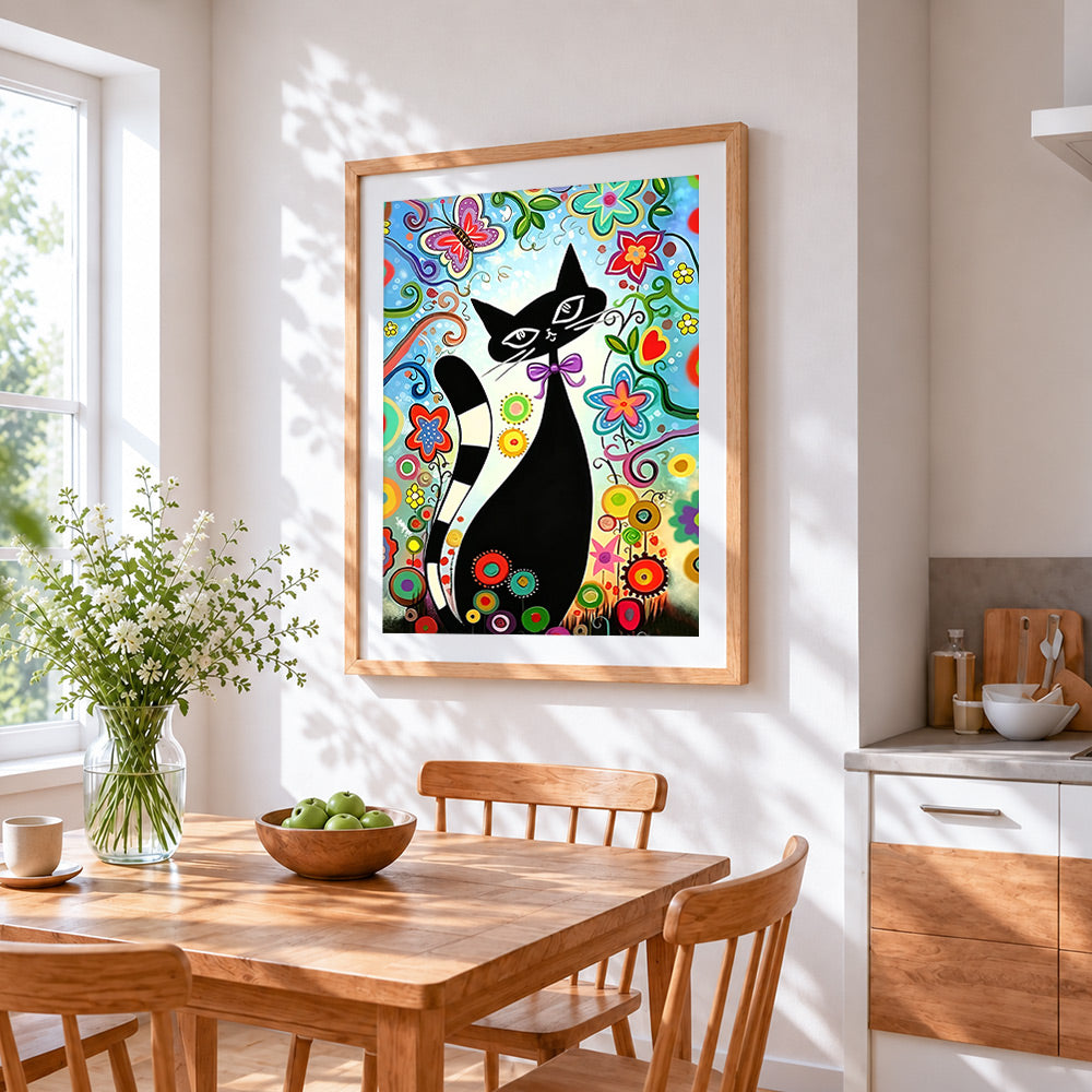 Cartoon black cat and flowers cross stitch artwork displayed on wall as home decor