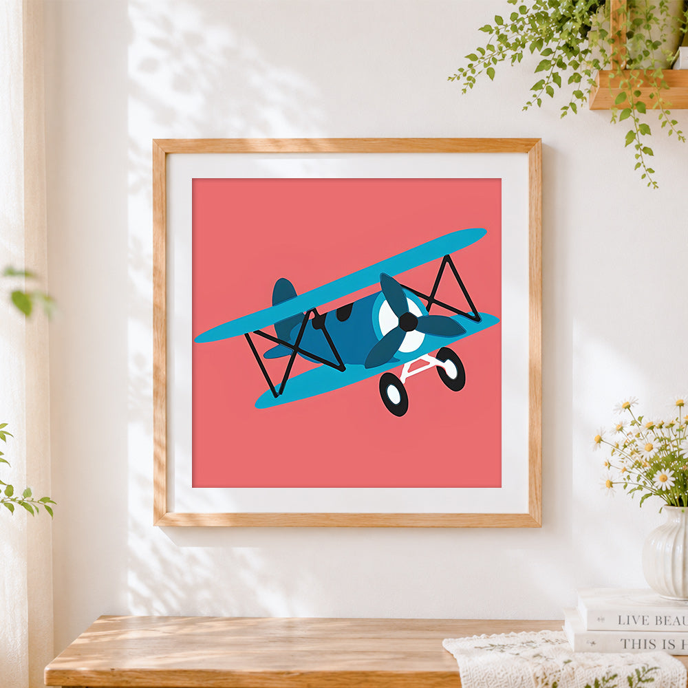 Finished cartoon blue biplane cross stitch artwork displayed