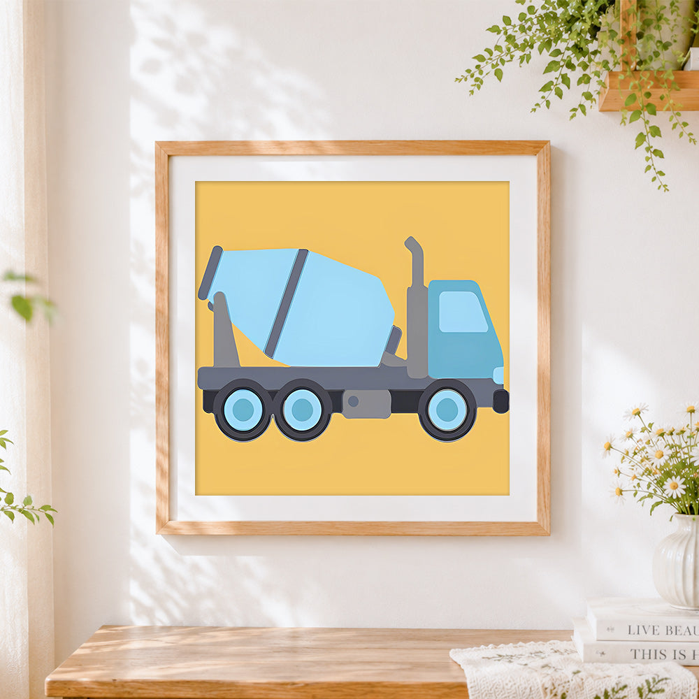 Finished cartoon cement mixer cross stitch artwork displayed