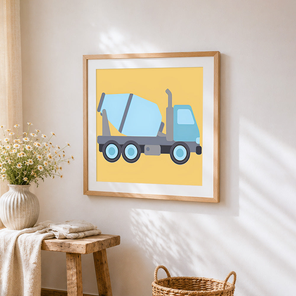 Cartoon cement mixer cross stitch artwork displayed on wall as home decor