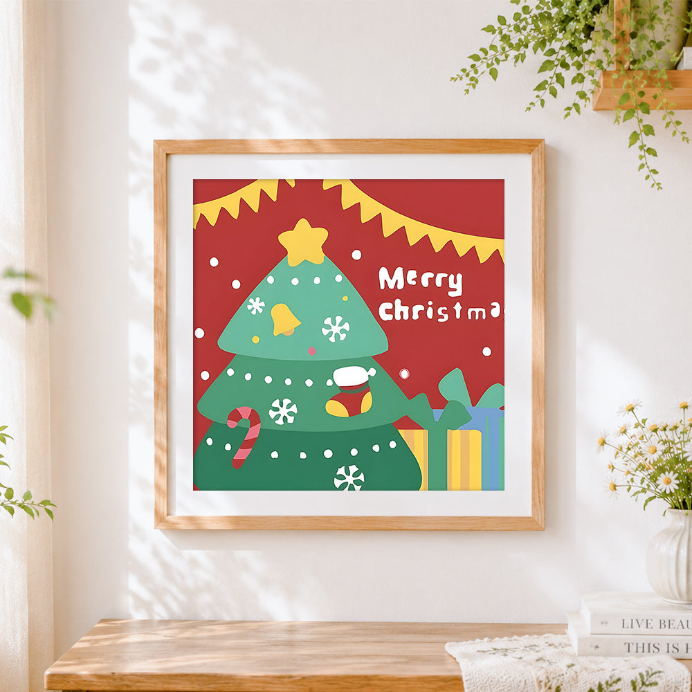 Finished cartoon christmas tree and "merry christmas" cross stitch artwork displayed