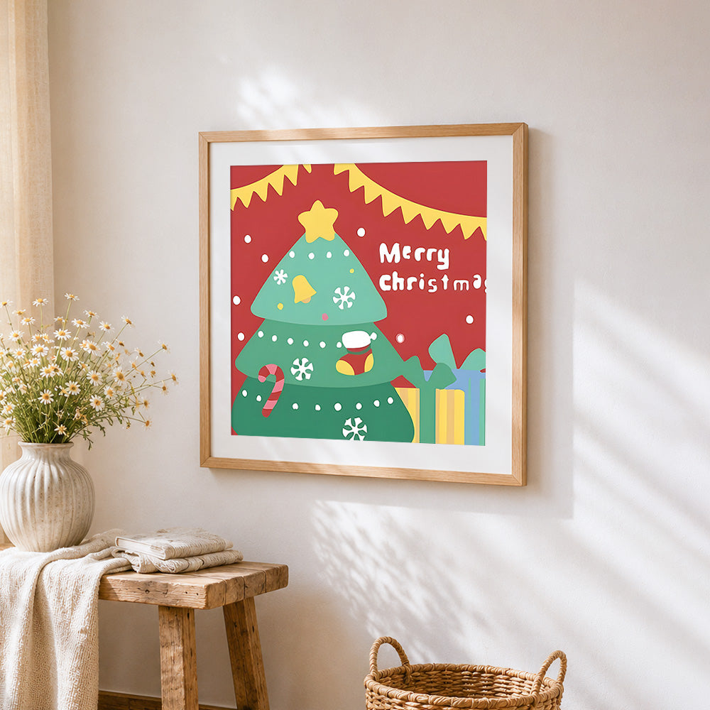Cartoon christmas tree and "merry christmas" cross stitch artwork displayed on wall as home decor