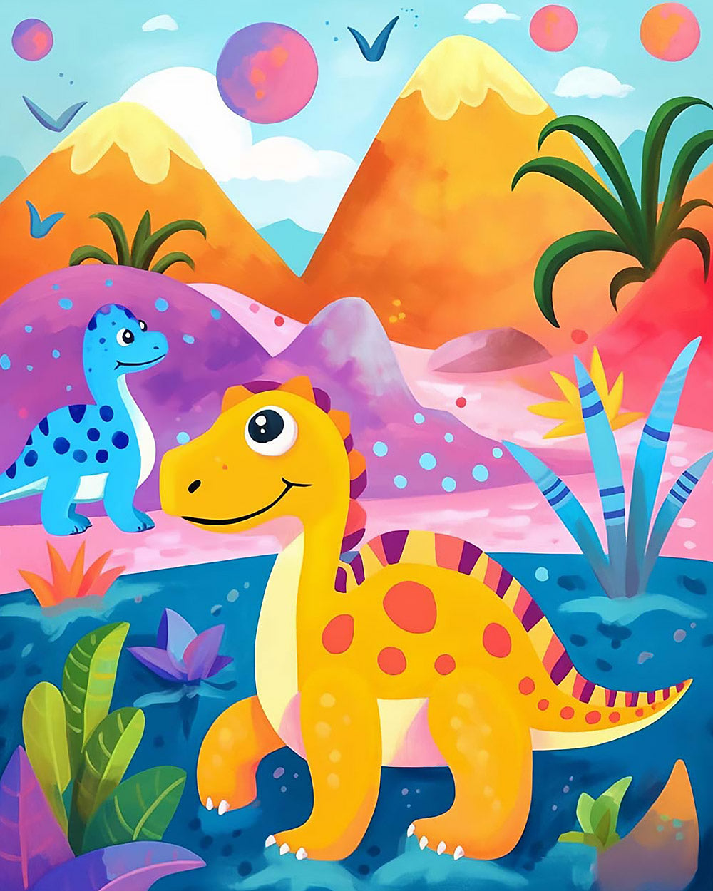 Cartoon dinosaurs and volcano cross stitch kit for beginners