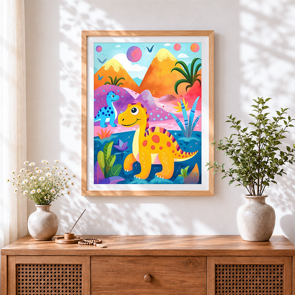 Finished cartoon dinosaurs and volcano paint by numbers artwork displayed as home decor