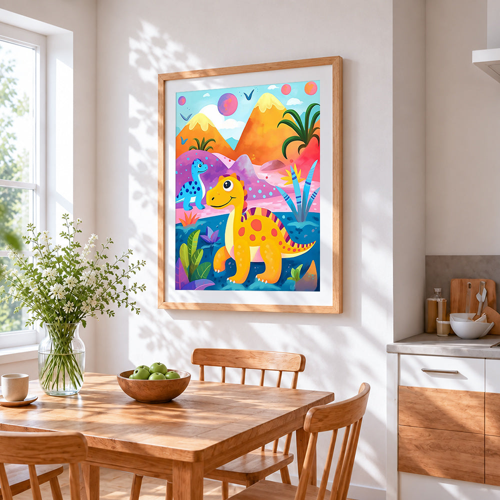 Cartoon dinosaurs and volcano paint by numbers artwork displayed on wall as home decor