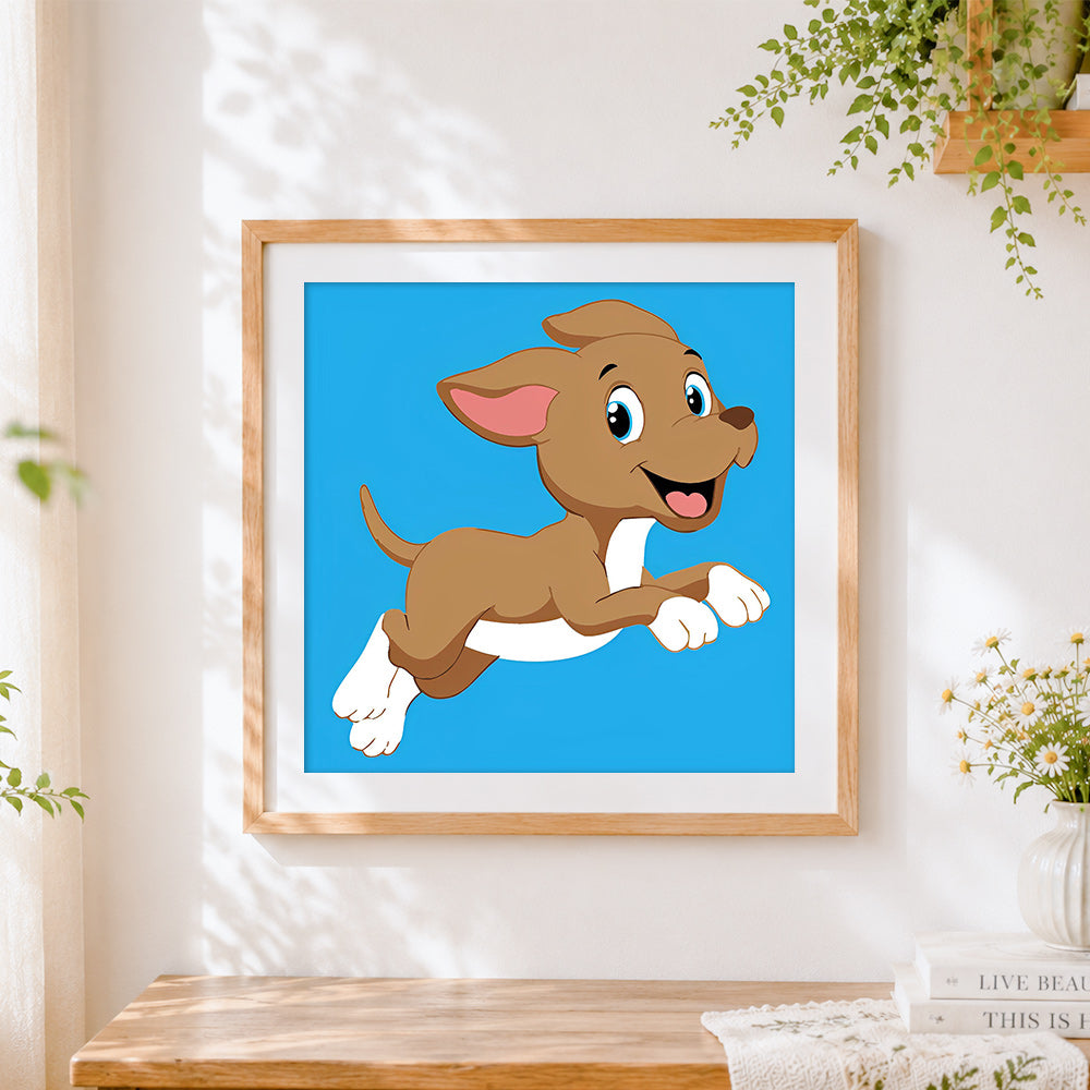 Finished cartoon dog running cross stitch artwork displayed