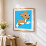 Cartoon dog running cross stitch artwork displayed on wall as home decor