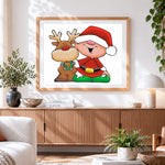 Finished cartoon father christmas and rudolph cross stitch artwork displayed