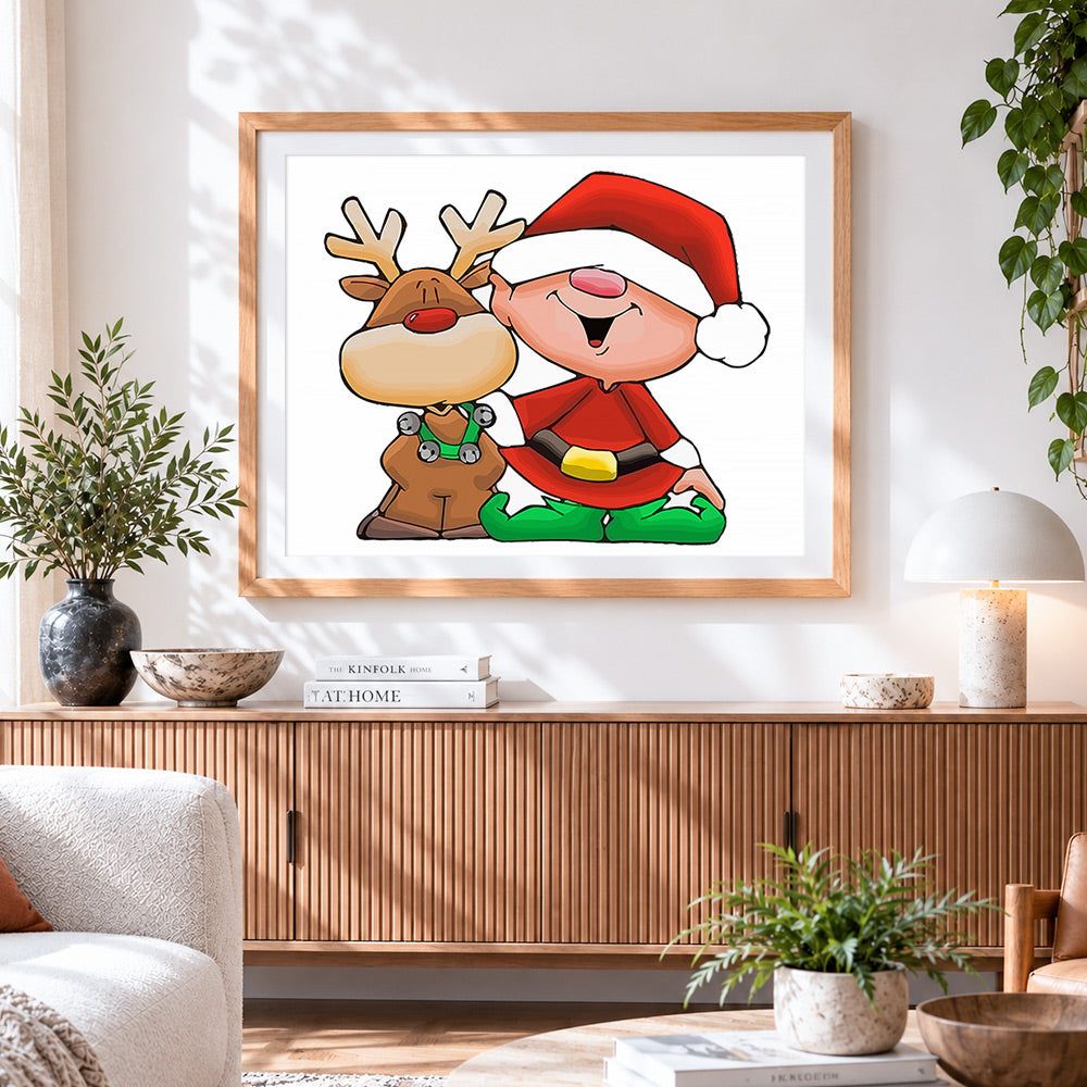 Finished cartoon father christmas and rudolph paint by numbers artwork displayed as home decor