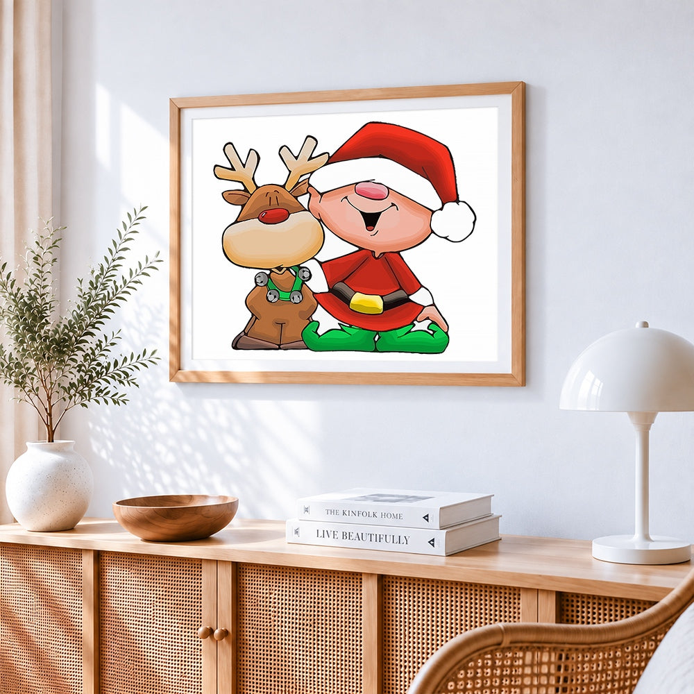 Cartoon father christmas and rudolph paint by numbers artwork displayed on wall as home decor