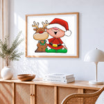 Cartoon father christmas and rudolph paint by numbers artwork displayed on wall as home decor