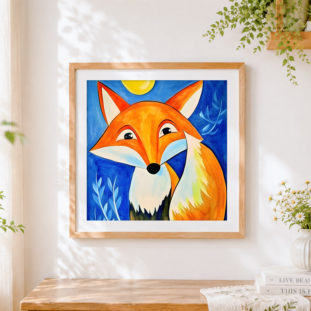 Finished cartoon fox with a full moon cross stitch artwork displayed