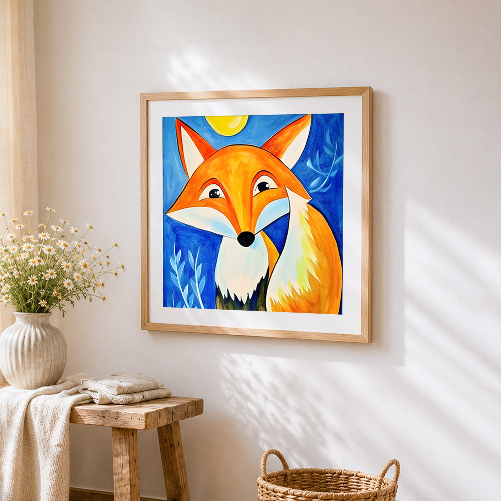 Cartoon fox with a full moon cross stitch artwork displayed on wall as home decor
