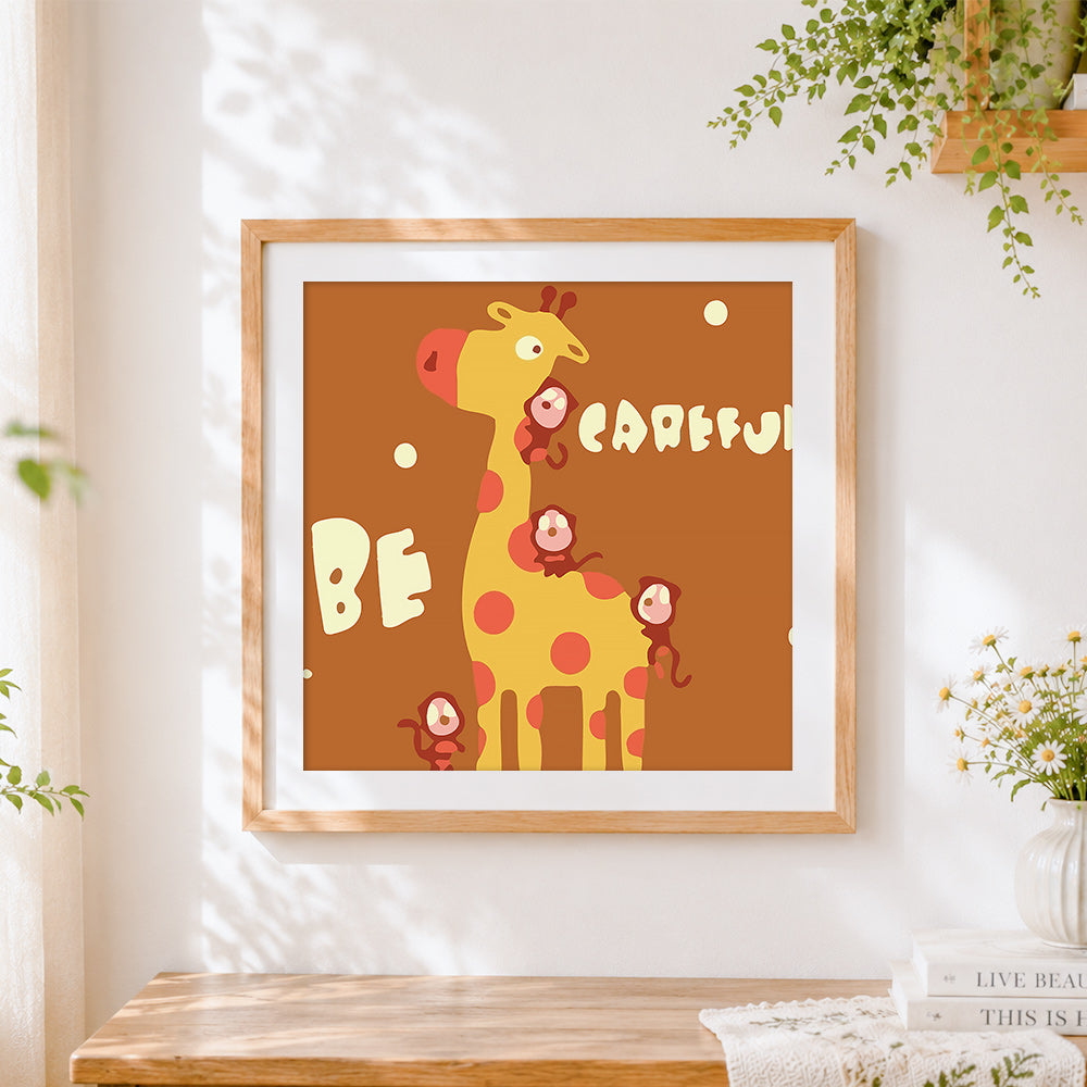 Finished cartoon giraffe and monkeys cross stitch artwork displayed