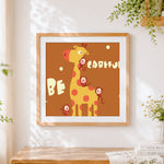 Finished cartoon giraffe and monkeys cross stitch artwork displayed