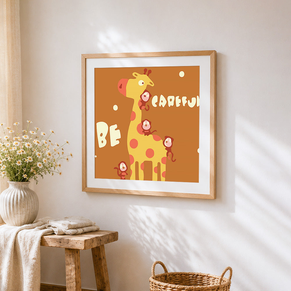 Cartoon giraffe and monkeys cross stitch artwork displayed on wall as home decor