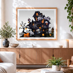 Finished cartoon haunted house trick or treat paint by numbers artwork displayed as home decor