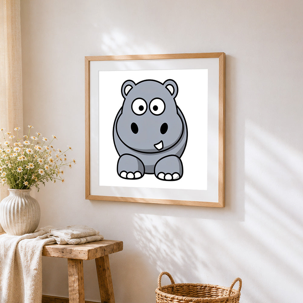 Cartoon hippo sitting cross stitch artwork displayed on wall as home decor