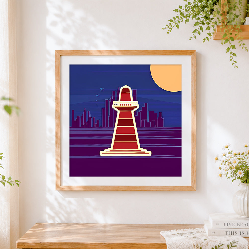 Finished cartoon lighthouse and city skyline at night cross stitch artwork displayed