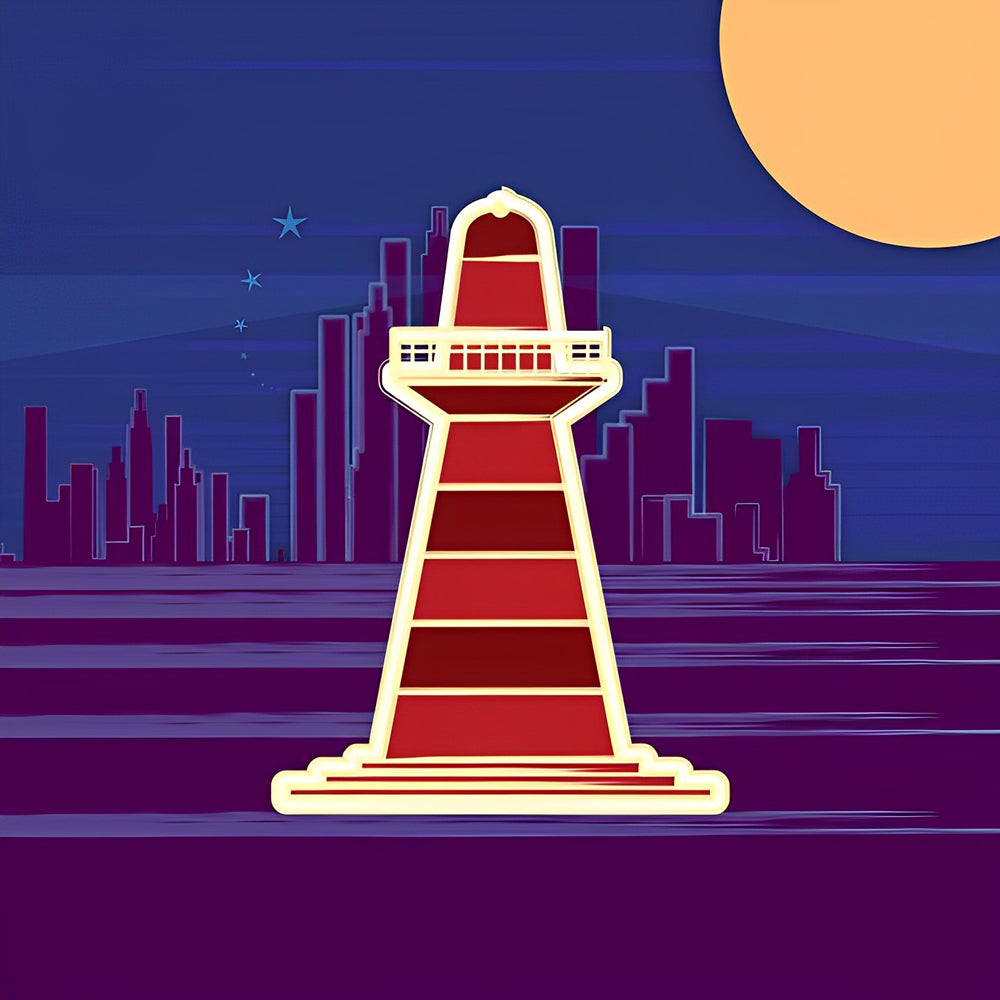 Cartoon lighthouse and city skyline at night cross stitch kit for beginners