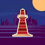 Cartoon lighthouse and city skyline at night cross stitch kit for beginners