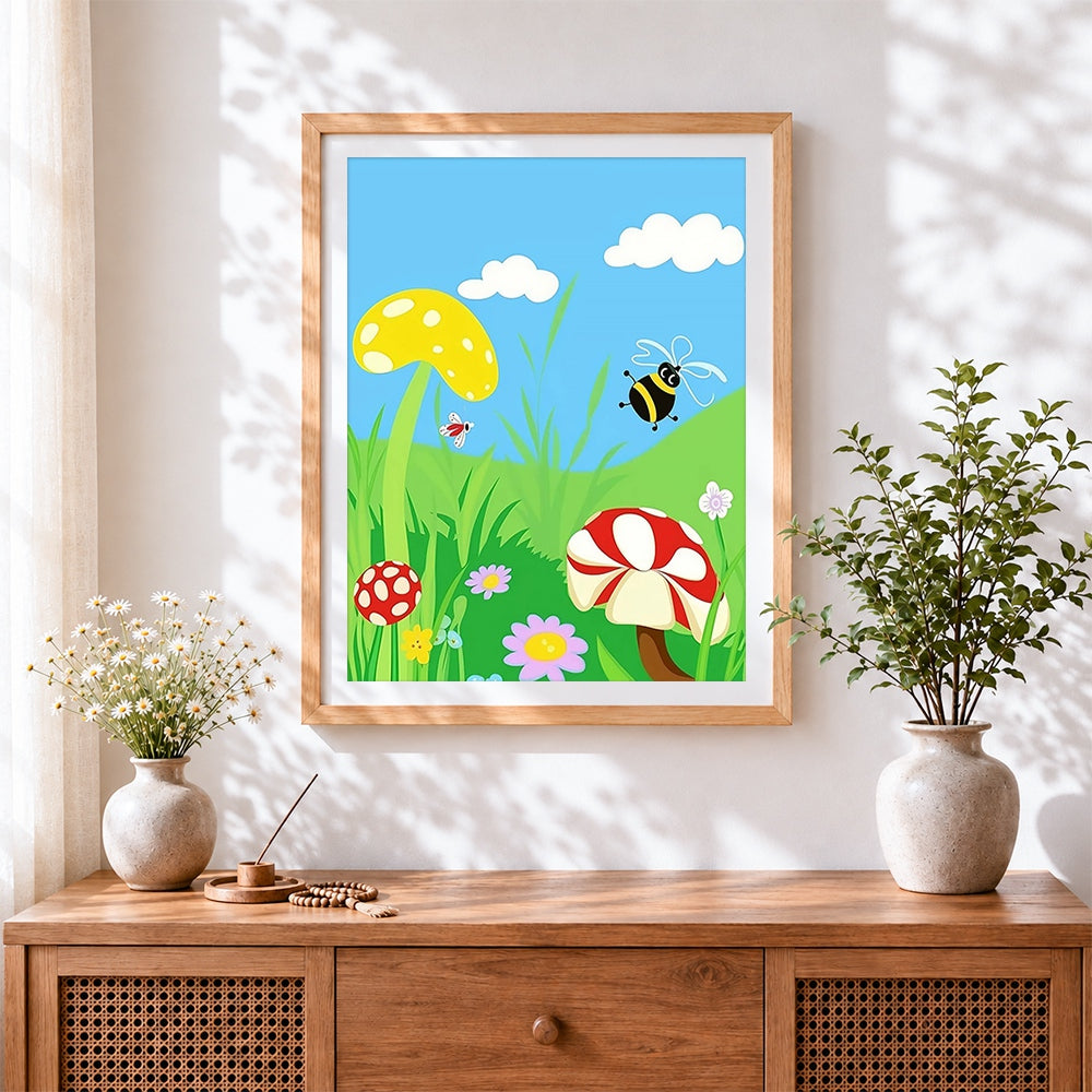 Finished cartoon mushrooms and bee cross stitch artwork displayed