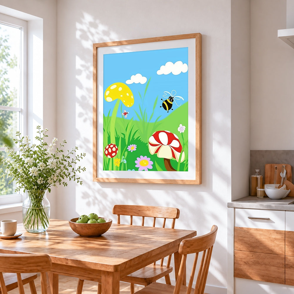 Cartoon mushrooms and bee cross stitch artwork displayed on wall as home decor