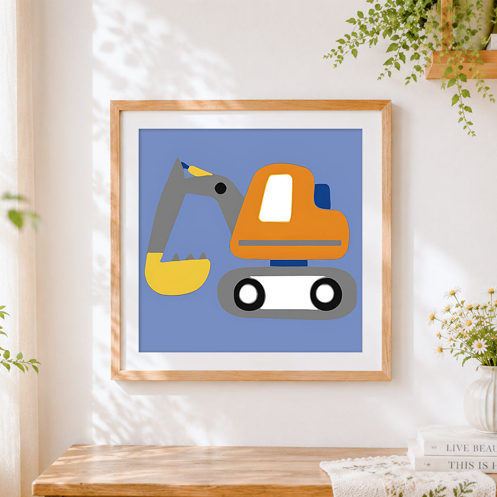 Finished cartoon orange excavator cross stitch artwork displayed