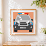 Finished cartoon police car cross stitch artwork displayed