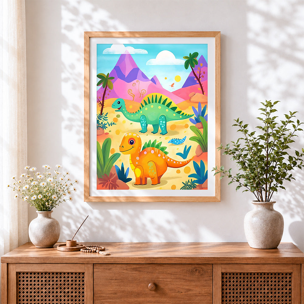Finished cartoon stegosaurus and t-rex cross stitch artwork displayed