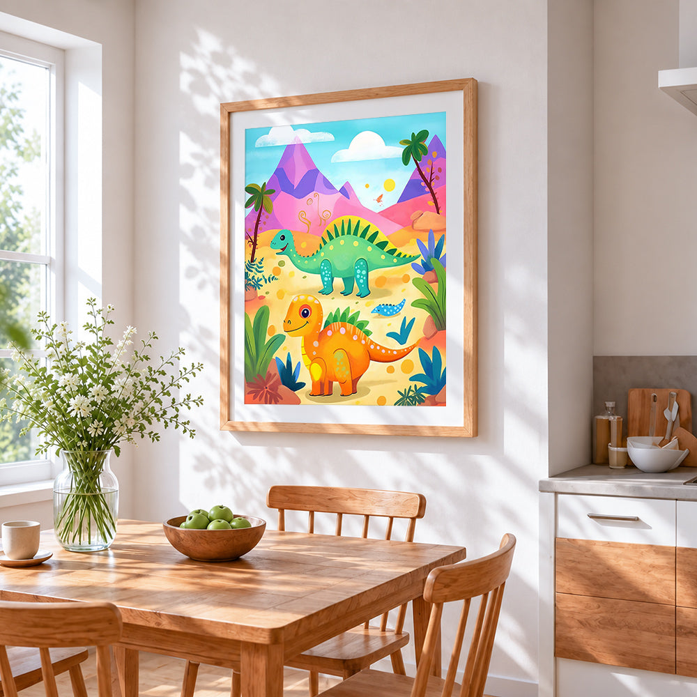 Cartoon stegosaurus and t-rex cross stitch artwork displayed on wall as home decor