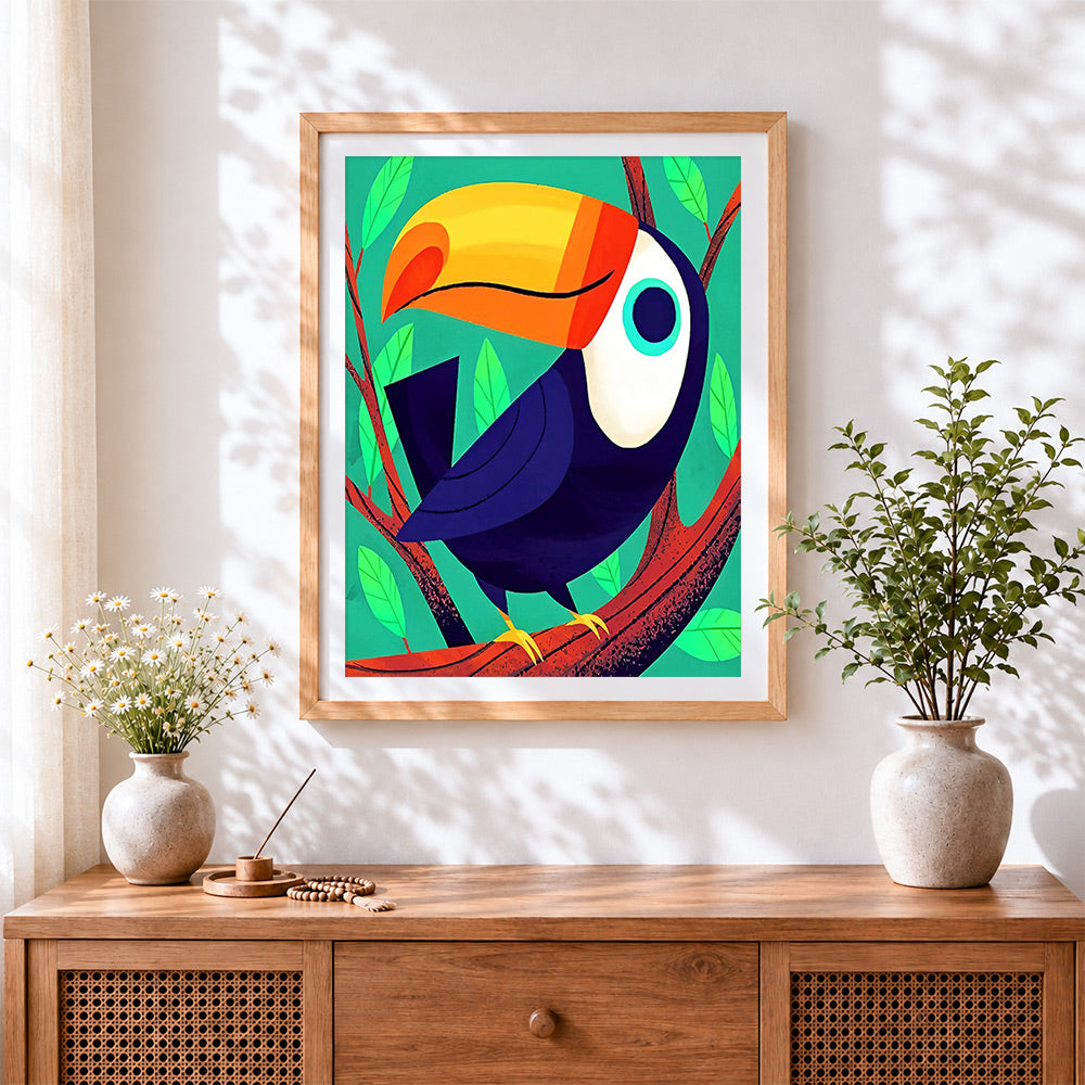 Finished cartoon tropical toucan cross stitch artwork displayed